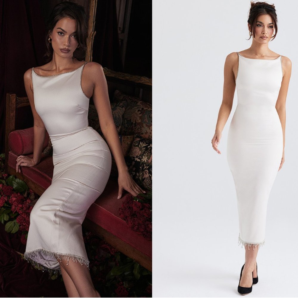 HOUSE OF CB 'Margiela' Ivory Crystallised Midi Dress NWT